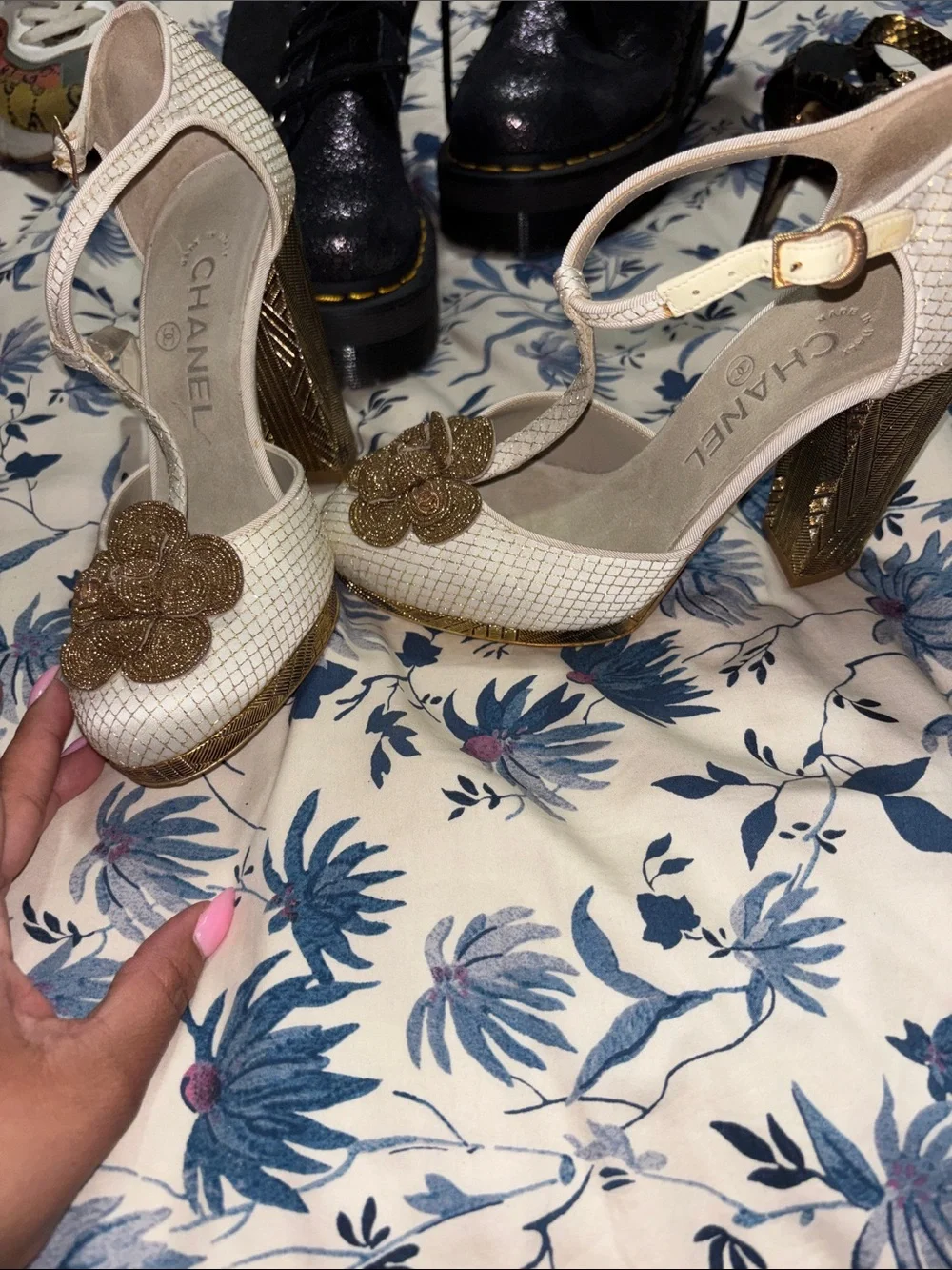 CHANEL Cream and Gold Camellia Ankle-Strap Heels